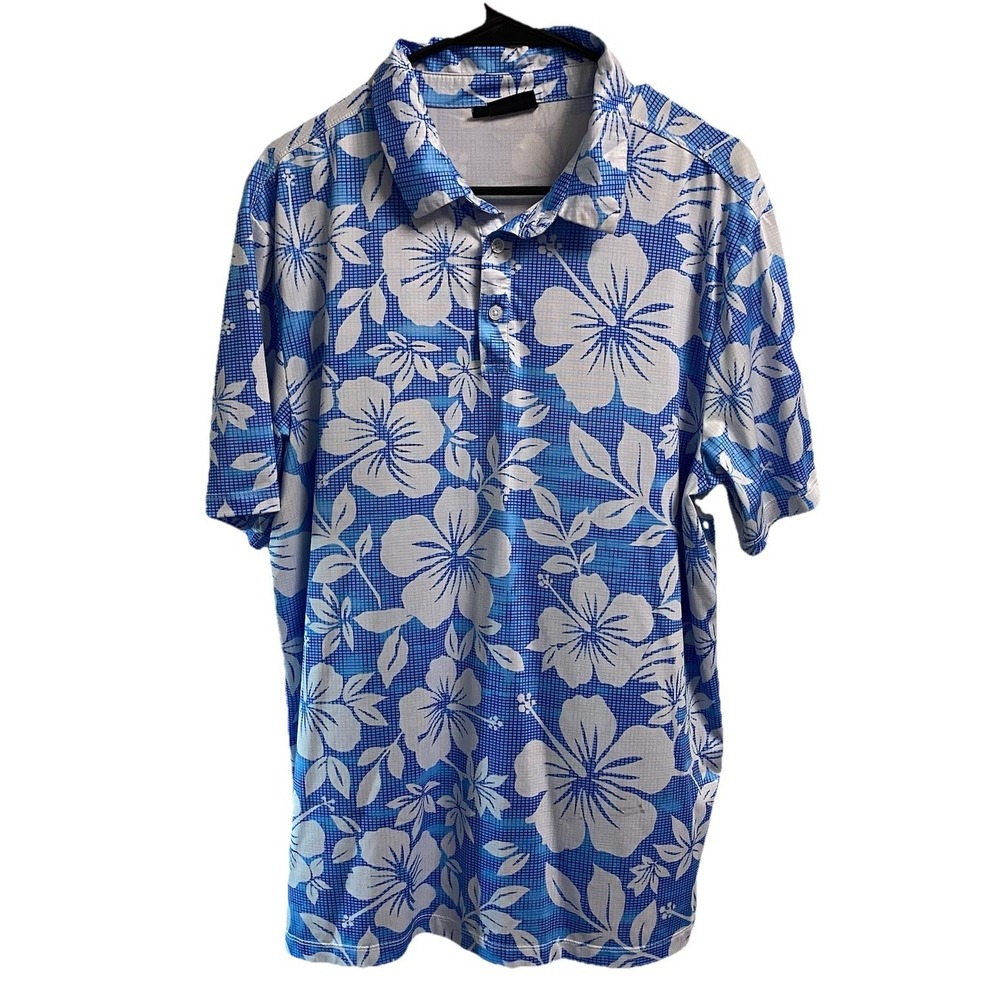 Yatta Golf Polo Men's Aloha Floral Blue&White Stretch‎ Polo Hawaiian EUC L